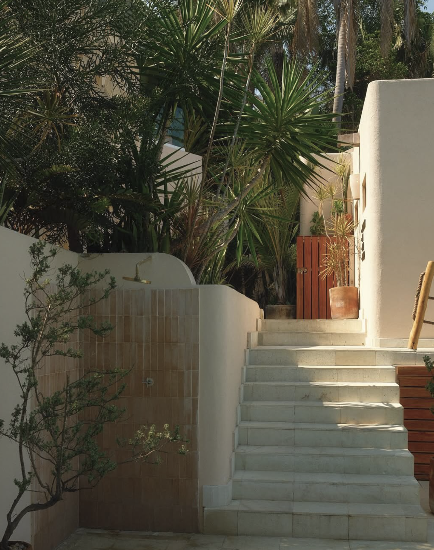 Outdoor shower and garden stairway at La Joya Sayulita