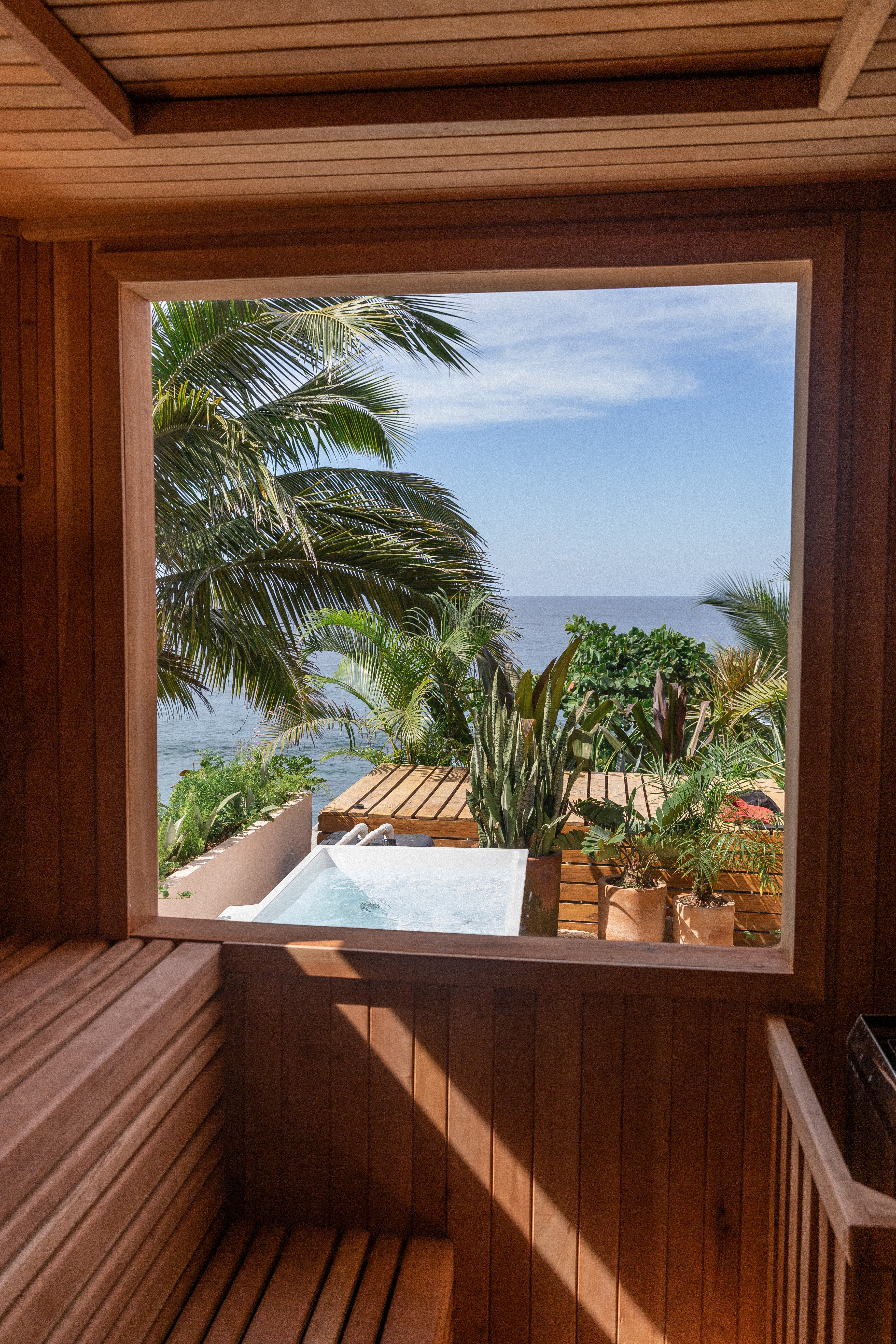 Sauna with view of cold plunge and ocean at La Joya Sayulita
