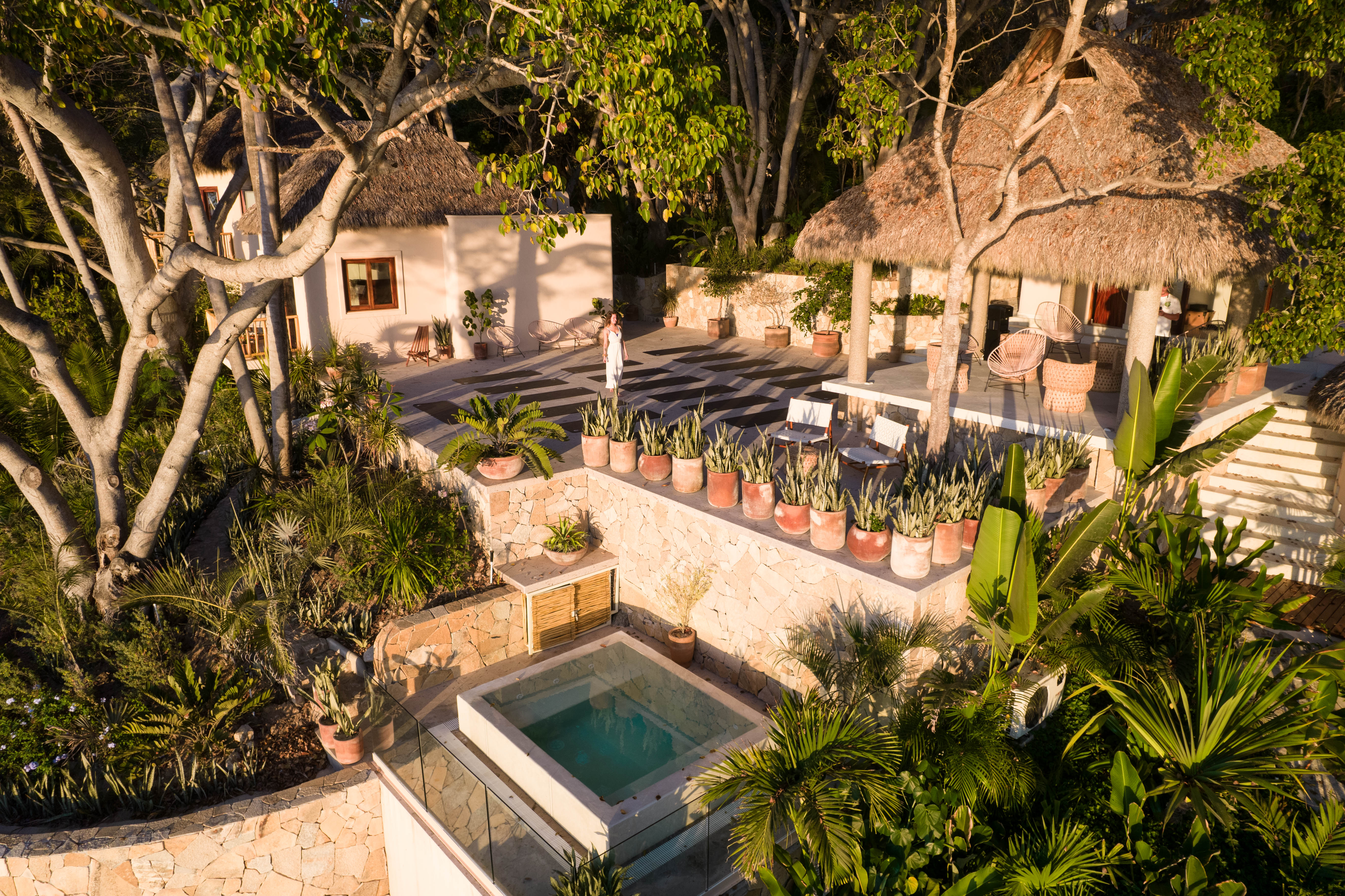 Aerial view of La Joya Sayulita yoga space, pool and tropical gardens