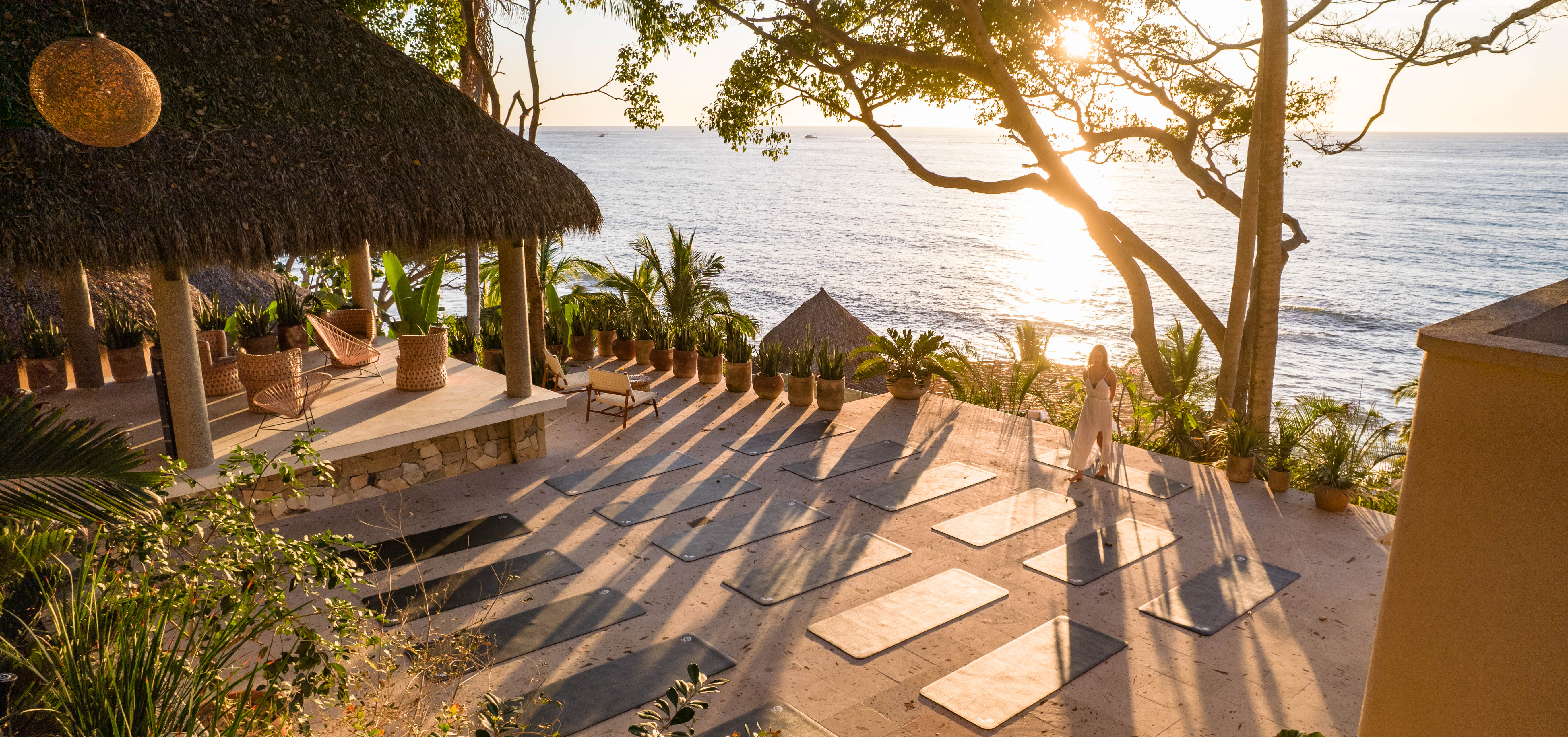 Yoga deck overlooking the Pacific at golden hour at La Joya Sayulita